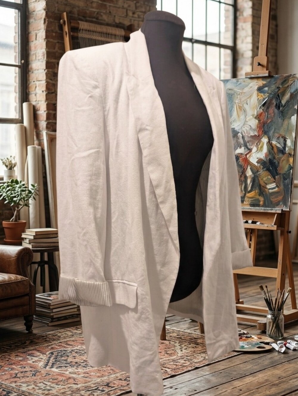 Elie Tahari White Open-Front Linen Blend Blazer